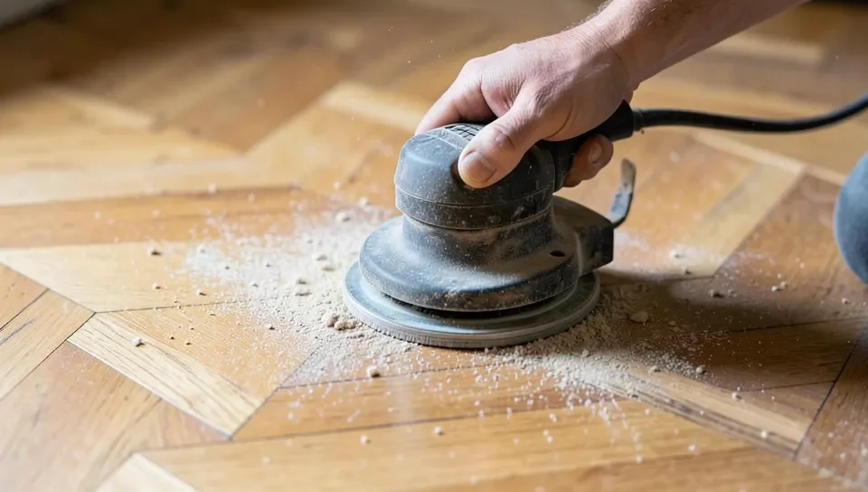 Random orbital sander in use on a herringbone parquet wood floor