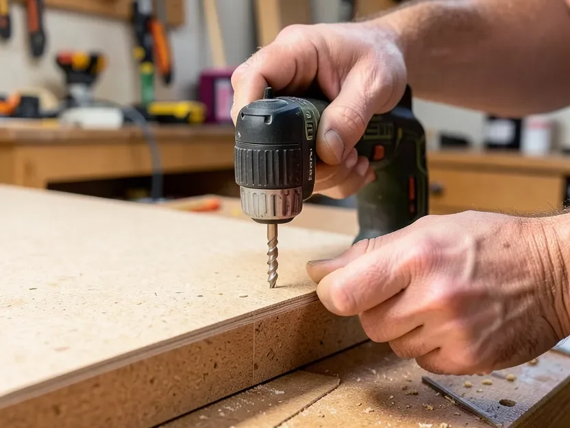 Driving a coarse-thread wood screw into a particleboard chipboard panel edge with a cordless drill