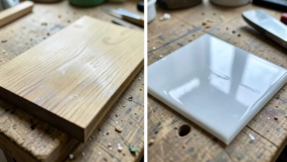 Side by side comparison of a matte penetrating oil finish soaked into wood grain next to a glossy polyurethane film sitting on top of wood