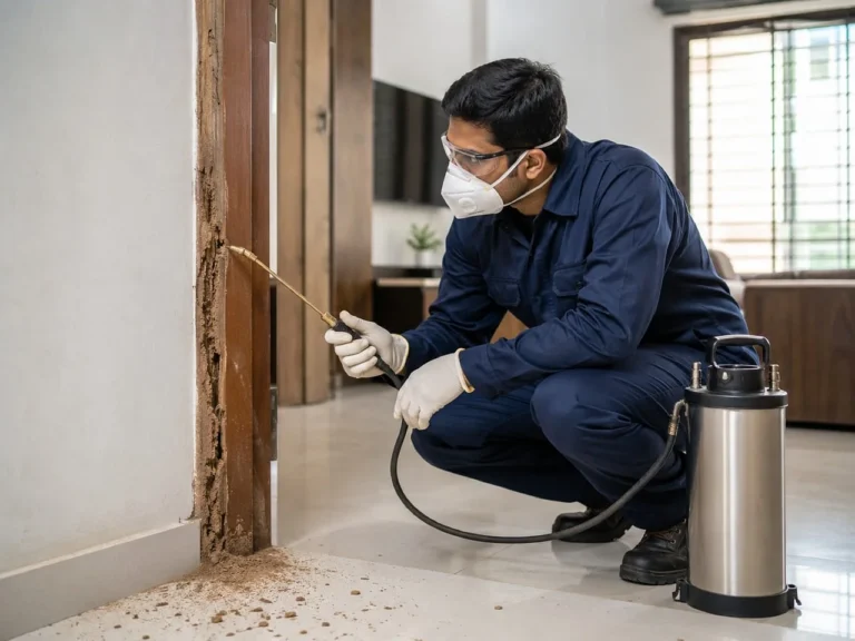 Pest control technician treating a termite-damaged wooden door frame with liquid termiticide