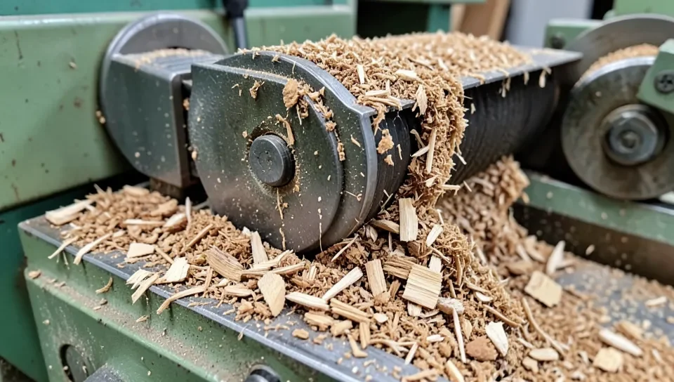 Sawdust and chip buildup on a planer cutterhead