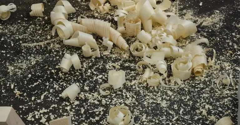 Curled wood shavings on a shop floor after planing boards