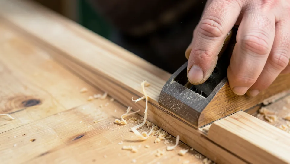 Close-up of a woodworker pushing a jointer hand plane along a board edge