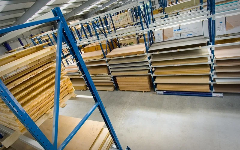 sheets of plywood and MDF stacked flat on steel warehouse racking