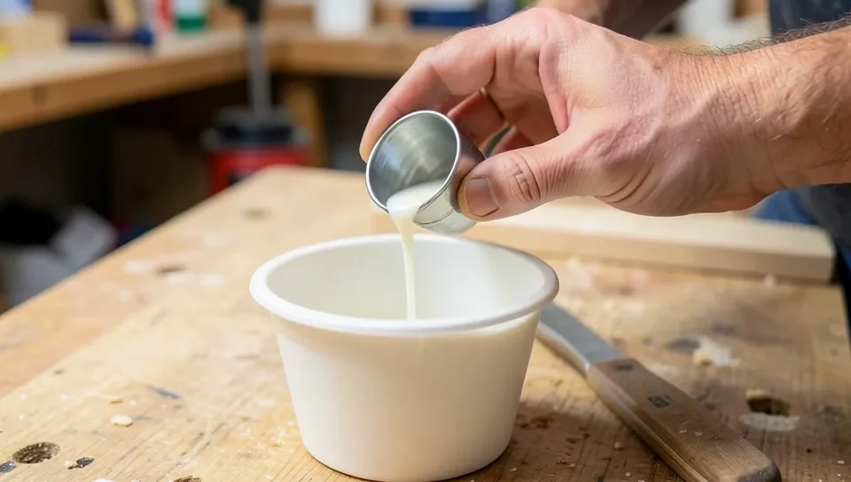 Woodworker pouring thinned polyurethane through a viscosity testing cup into a mixing container
