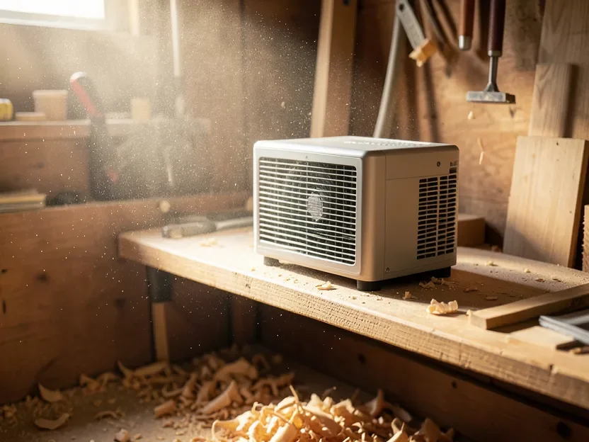 Portable air filtration unit running on a workshop shelf to capture airborne fine sawdust