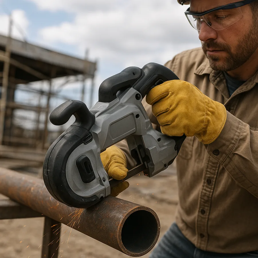 Portable band saw cutting a steel pipe on a jobsite Portable band saw cutting a steel pipe on a jobsite