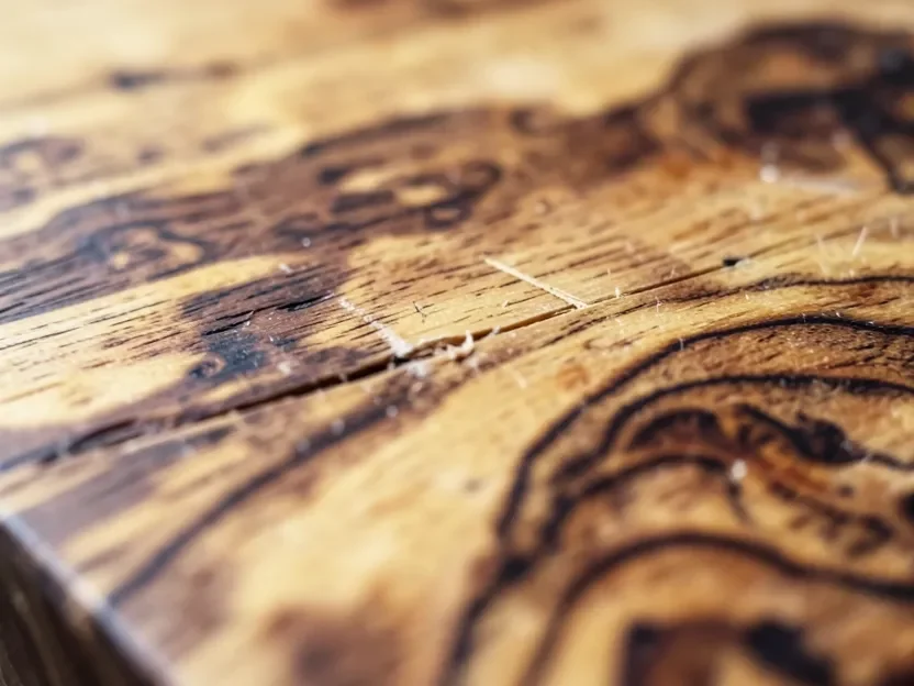 Close-up of slight tear-out on figured wood grain left by a power planer