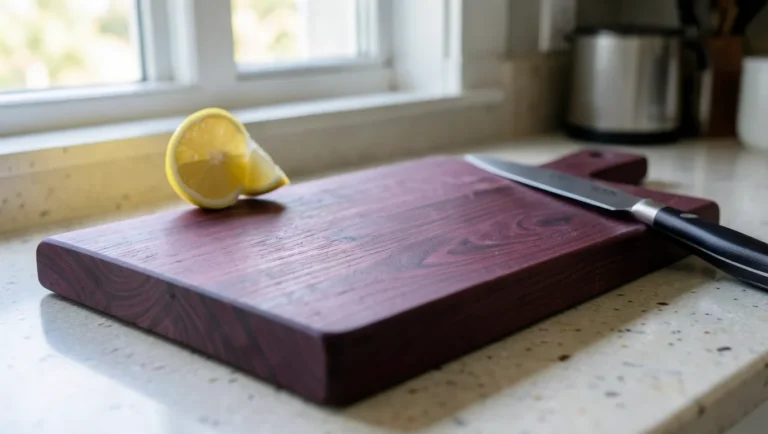 Finished purpleheart wood cutting board with deep purple grain on a kitchen counter next to a lemon wedge and chef knife