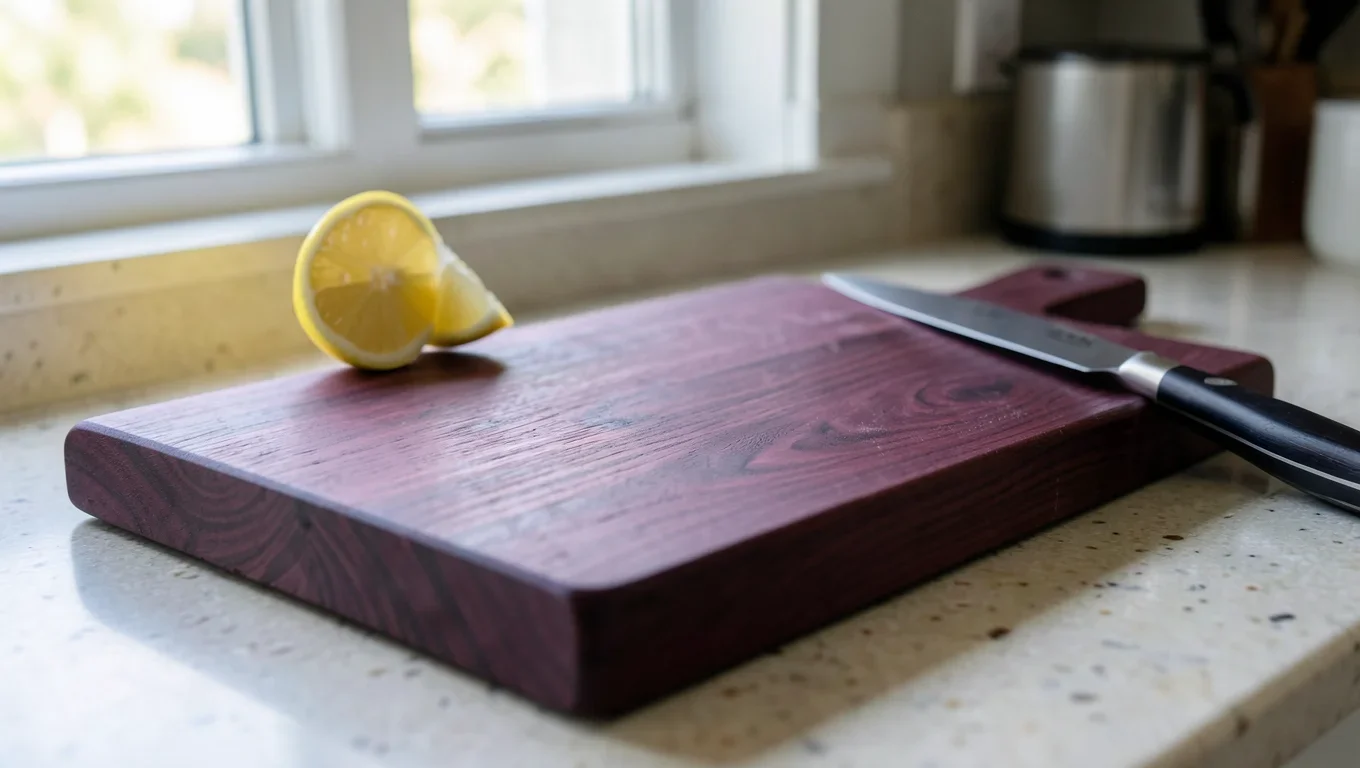 Finished purpleheart wood cutting board with deep purple grain on a kitchen counter next to a lemon wedge and chef knife