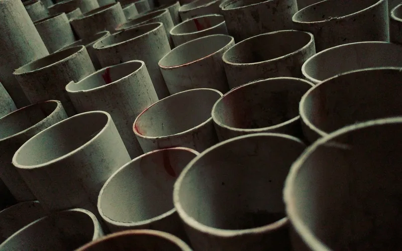 stacked white PVC pipe like the rigid ducting used in home dust collection systems