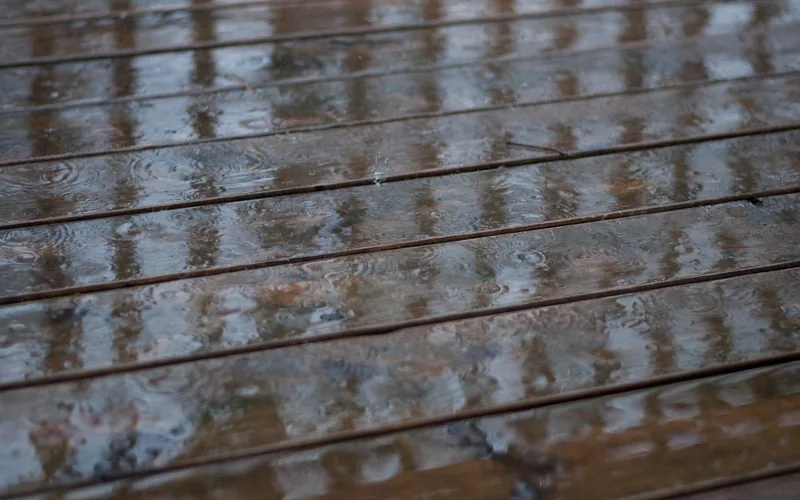 rain water beading and pooling on wood deck boards, showing a sealed surface repelling moisture