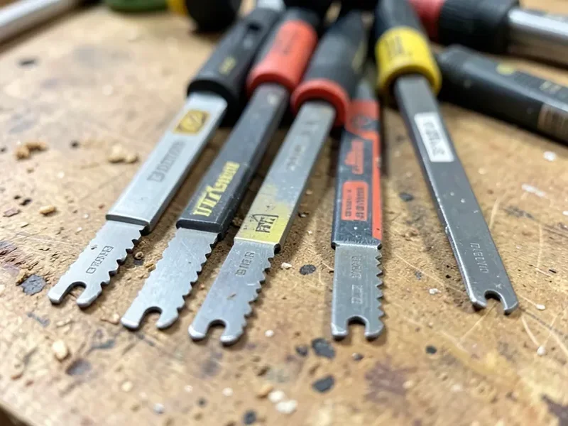 Close-up of reciprocating saw blade tang ends showing the notched T-shank profile