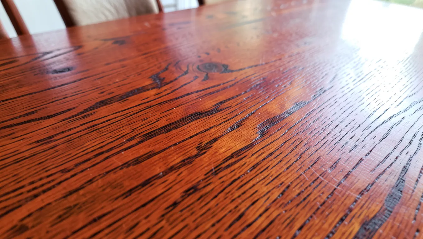 Close-up of red oak wood furniture surface showing its warm color and open grain