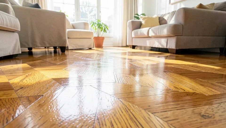 Freshly refinished glossy herringbone parquet floor in a sunlit living room