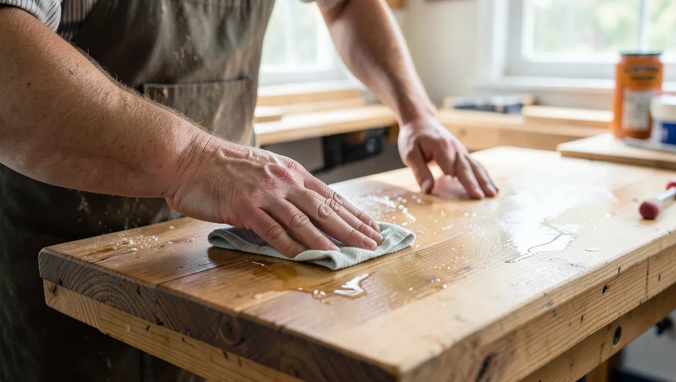 Wiping cured linseed oil finish off a wood tabletop with mineral spirits and a cloth
