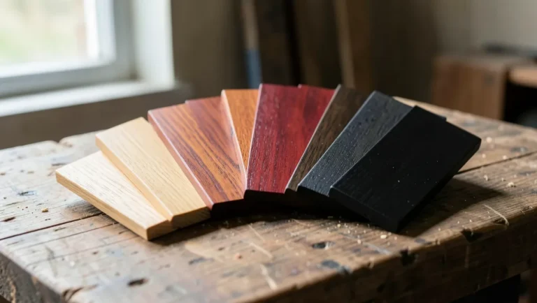 Fanned row of wood sample boards showing different Restor-A-Finish color shades from light to dark