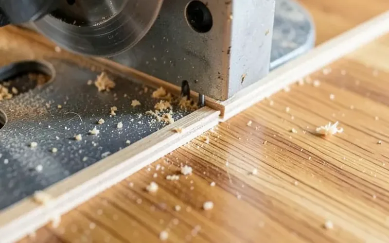 Ripping a thin wood spline strip from scrap flooring on a table saw