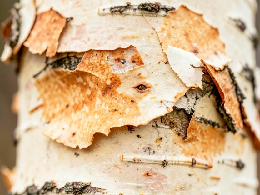 Close-up of river birch bark peeling in curling papery layers