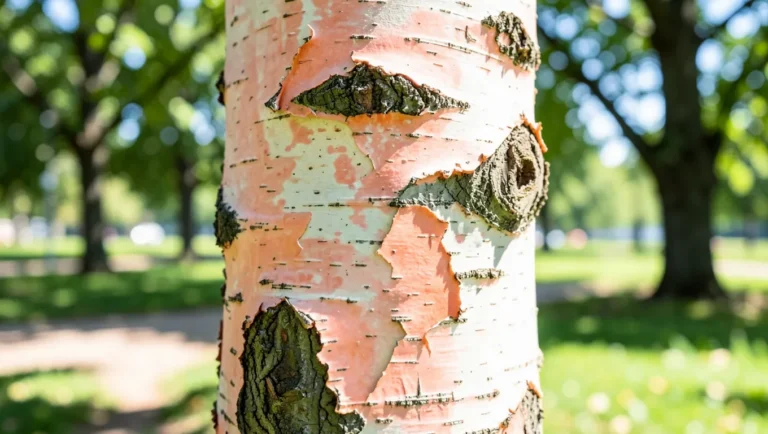 River birch tree trunk showing curling salmon-pink peeling bark