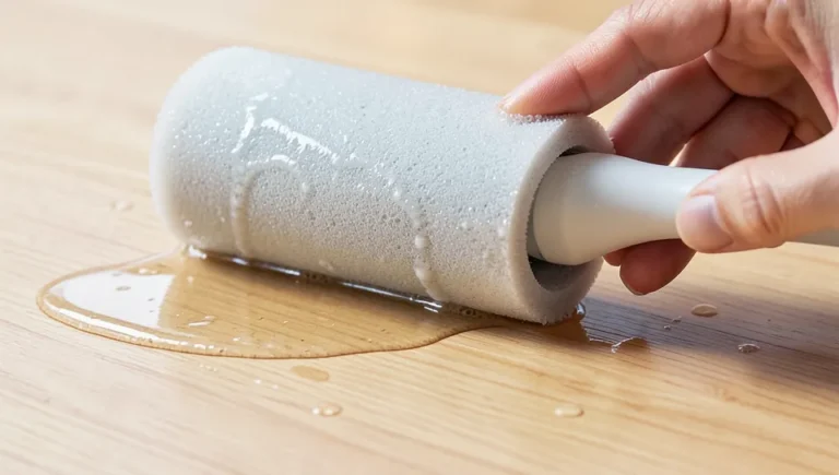 Applying clear polycrylic finish with a foam roller on a wood tabletop