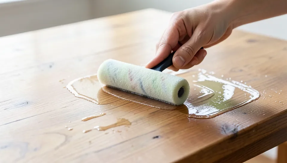 Rolling Polycrylic onto a wood tabletop