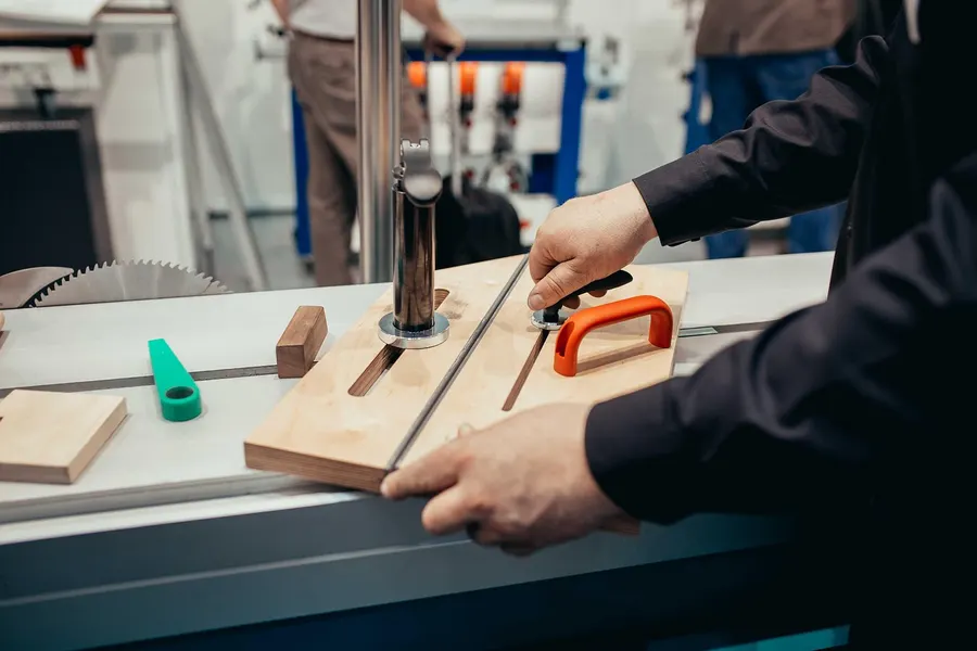 A router table insert plate and fence being set up during a tool demonstration