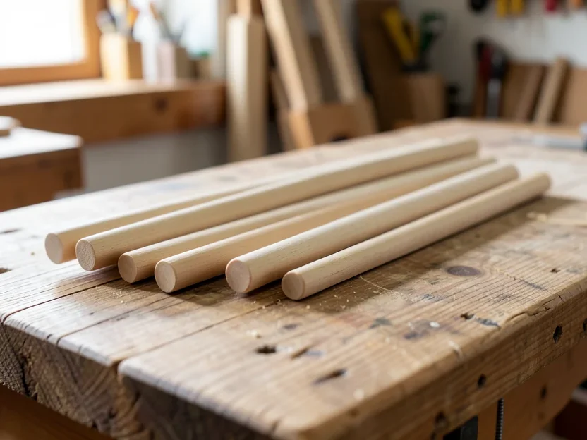 Wooden dowel rods of varying diameters on a workshop bench, showing different sizes used for load-bearing joinery