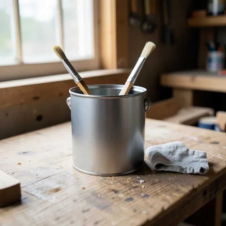 Metal can with two clean paintbrushes and a folded cloth rag on a wood workbench