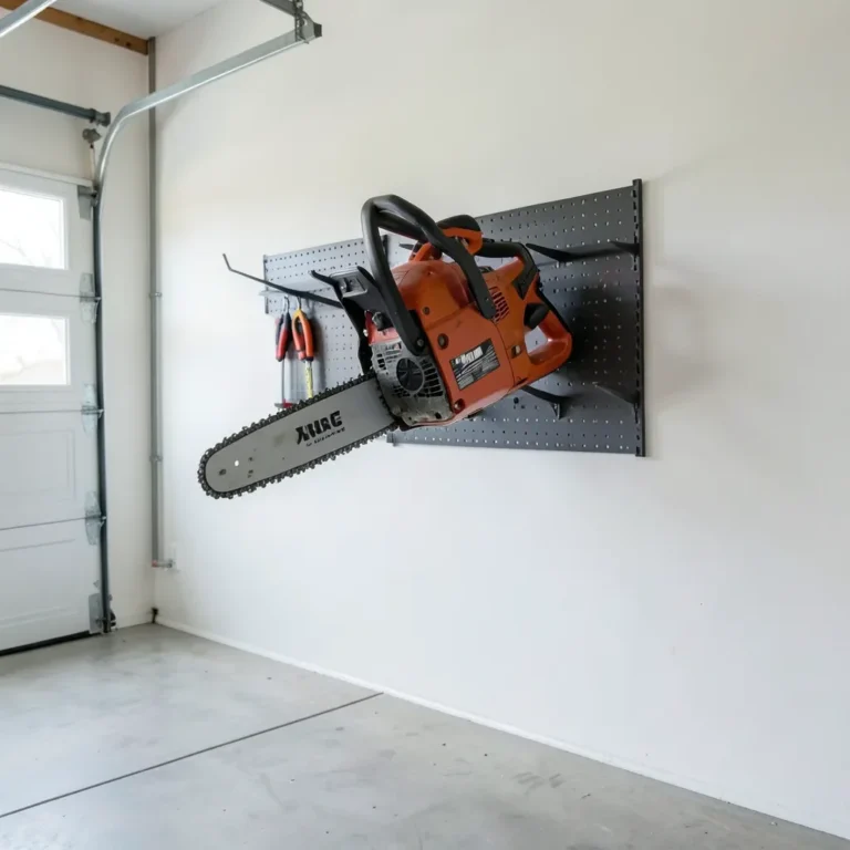 Chainsaw hanging on a wall-mounted storage rack in a garage