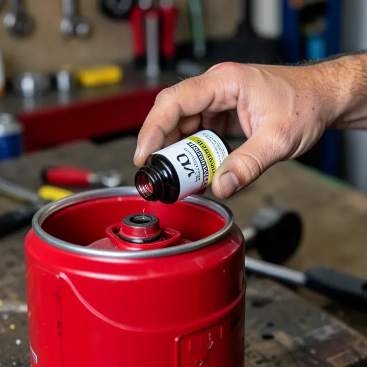 Pouring fuel stabilizer into a gas can before storing a chainsaw for winter