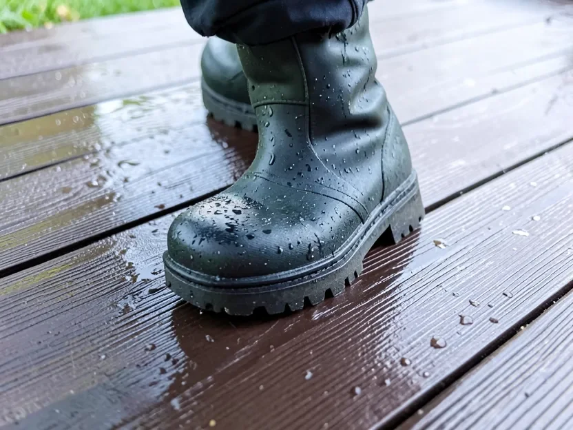 Rubber-soled boots stepping carefully on a wet dark composite deck board with visible embossed texture