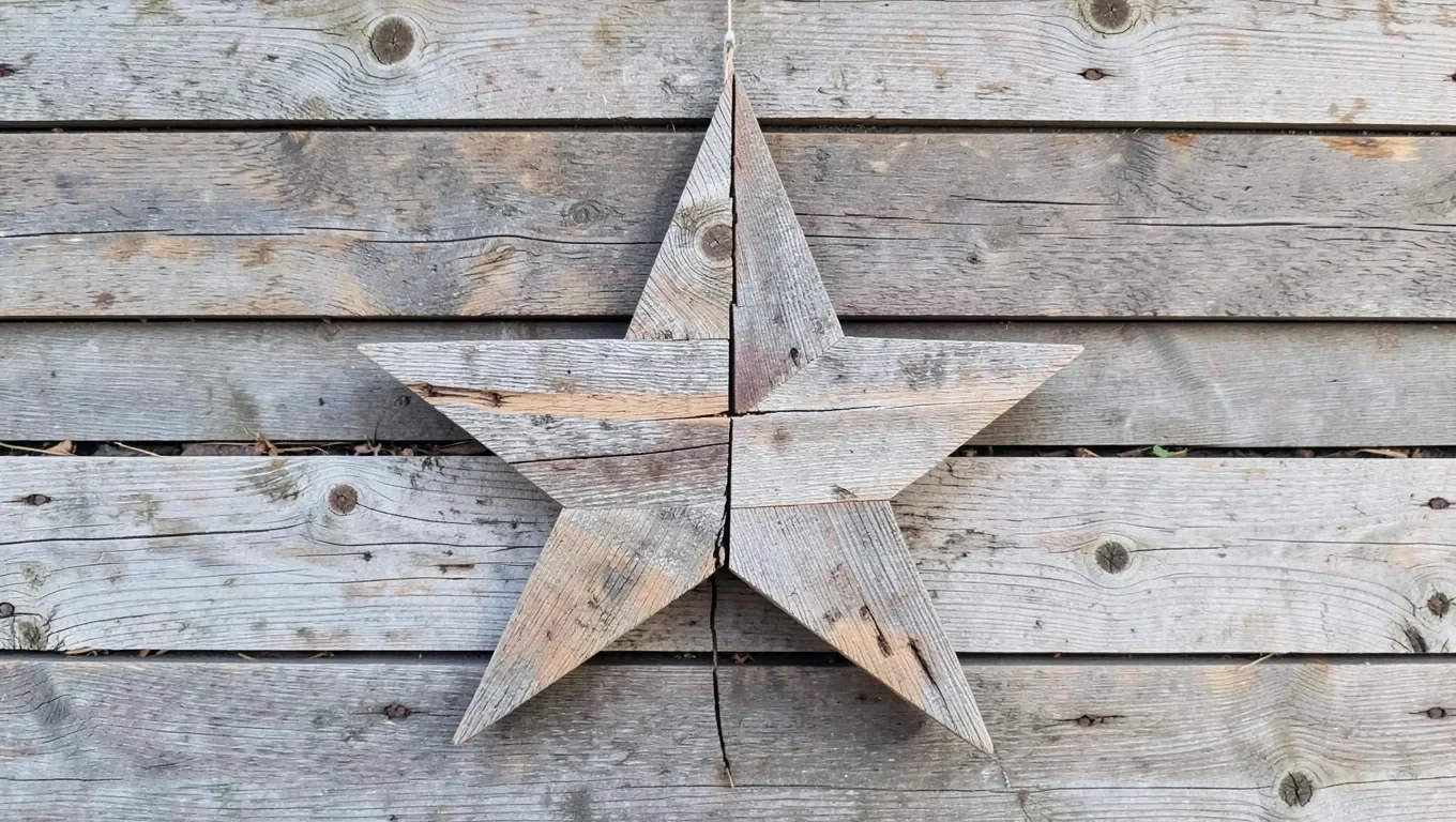 A classic five-point Texas barn star built from lapped wood strips