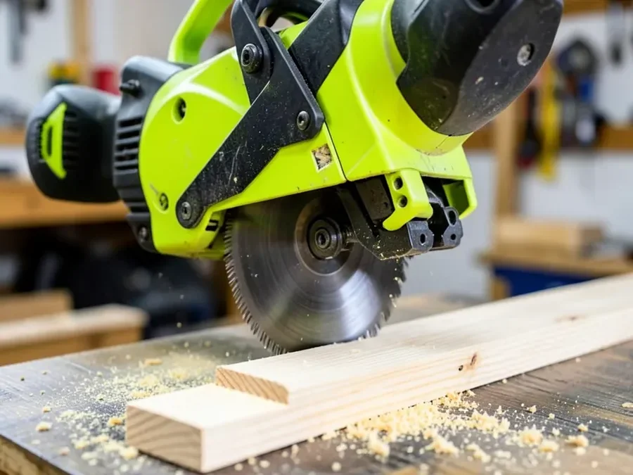 Close-up of a Ryobi miter saw blade lowered through a pine board on the saw table
