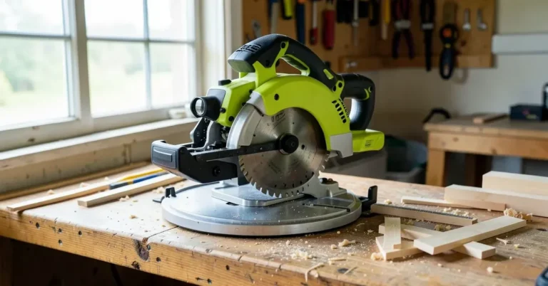 RYOBI cordless compound miter saw set up on a workbench in a home woodworking shop