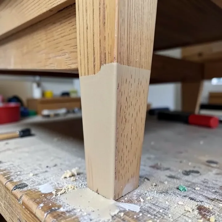 Furniture leg with a smooth sanded epoxy putty patch repair