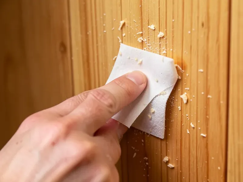 Lightly sanding a cedar panel with the grain to expose fresh aromatic oil