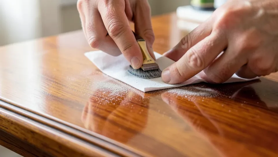 Sanding a glossy wood finish before applying a new coat