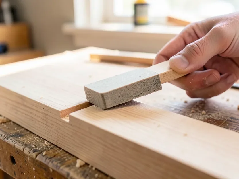 Flat sanding stick wrapped with sandpaper used to sand a straight square groove in a wood board