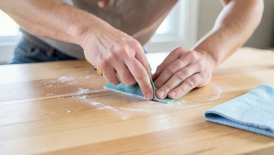 Sanding a wood surface and wiping with a tack cloth