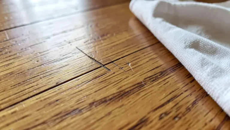 A visible surface scratch on a hardwood floor before repair