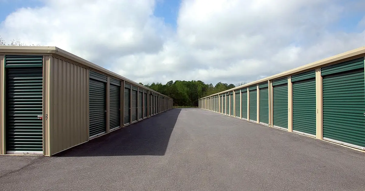row of drive-up self storage units with roll-up doors row of drive-up self storage units with roll-up doors