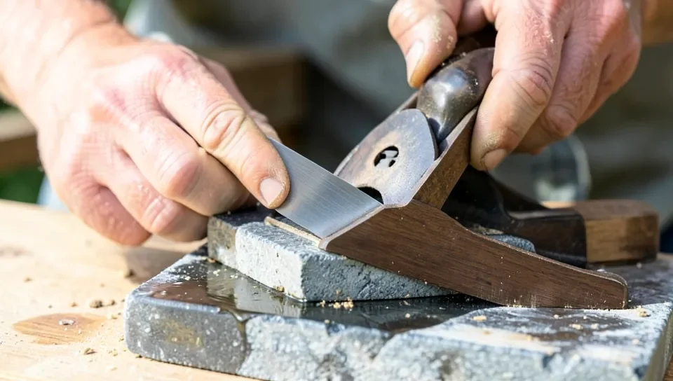 Sharpening a manual hand plane blade on a wet sharpening stone