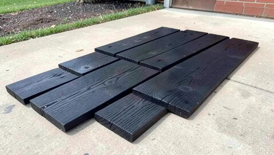Charred shou sugi ban wood boards laid outdoors on concrete after torch treatment