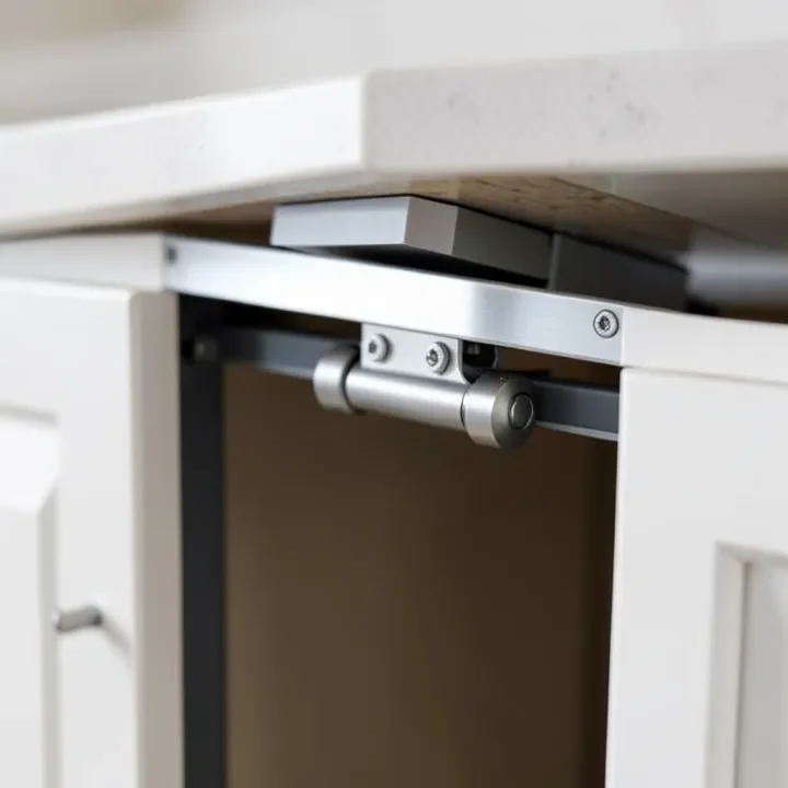 close-up of an aluminum sliding cabinet door track mounted inside a cabinet opening close-up of an aluminum sliding cabinet door track mounted inside a cabinet opening