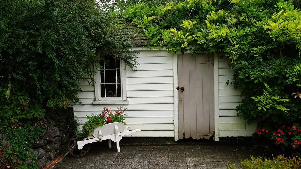 White wooden garden shed with a plank door beside a wheelbarrow