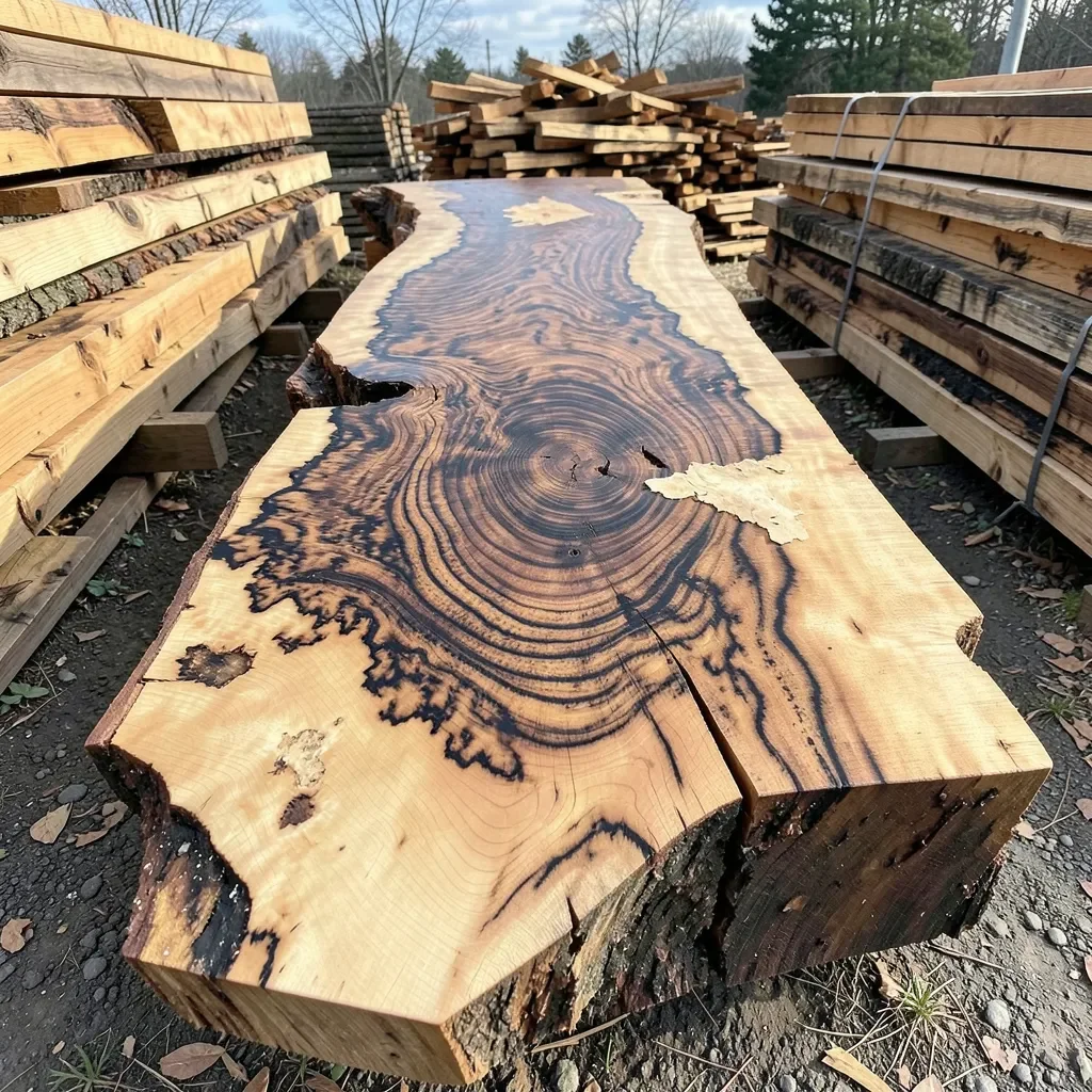 Spalted maple log slab with dark zone lines stacked in a lumber yard