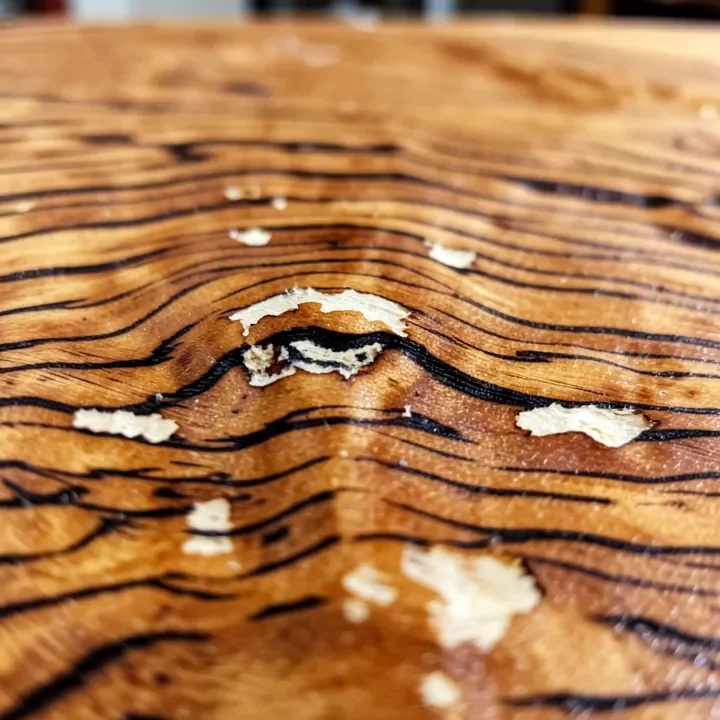 Close-up of spalted maple showing dark zone lines and white rot patches