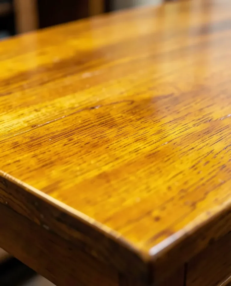 Wood tabletop showing the amber yellow tint that oil-based spar urethane develops over time