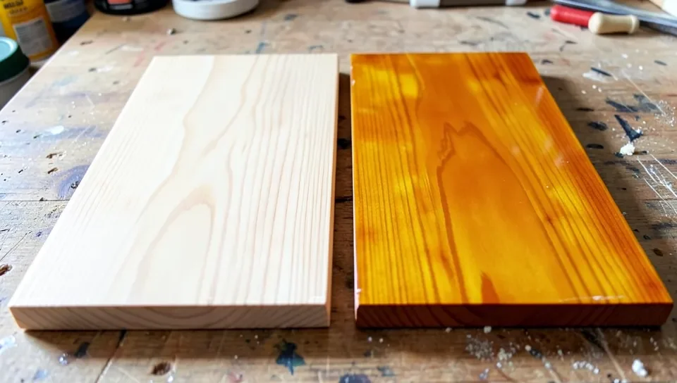 Two wood boards side by side, one with a clear finish and one with an amber yellow tinted spar urethane finish